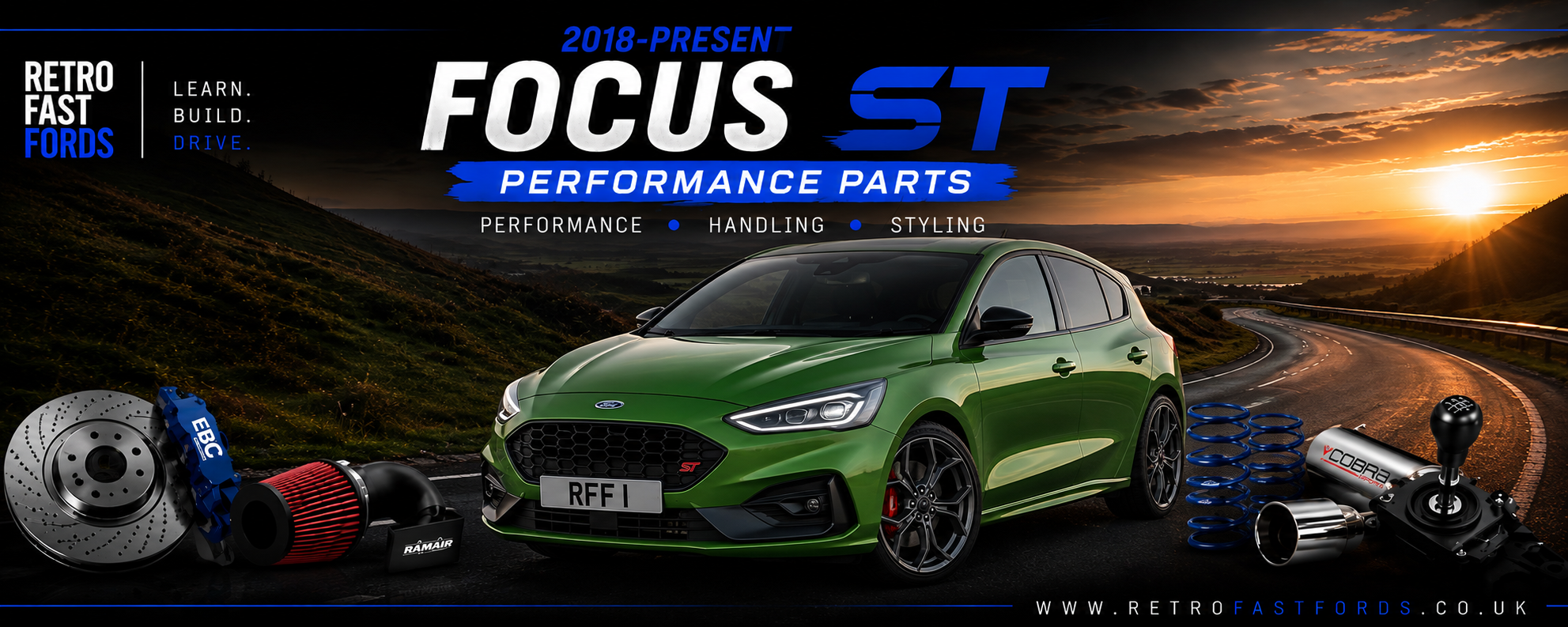 Green Ford Focus ST Mk4 performance parts collection banner by Retro Fast Fords