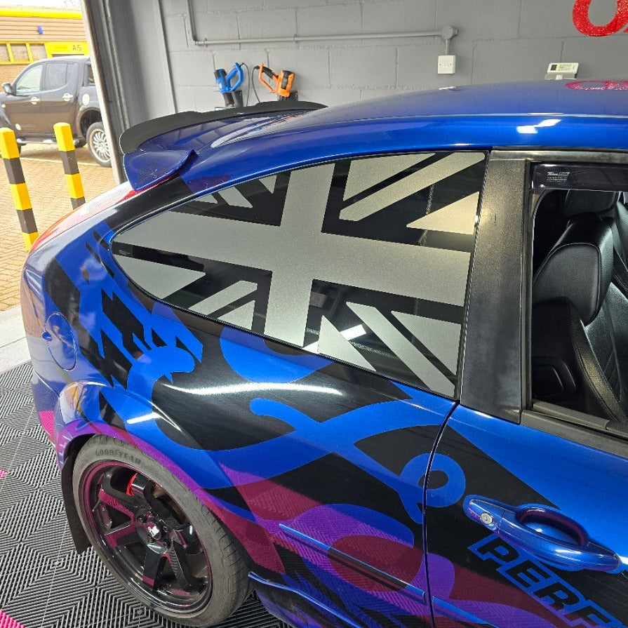 Mk2 & 2.5 Focus Rear 3 Door Union Jack Window Vinyl Decal Set (Pair)