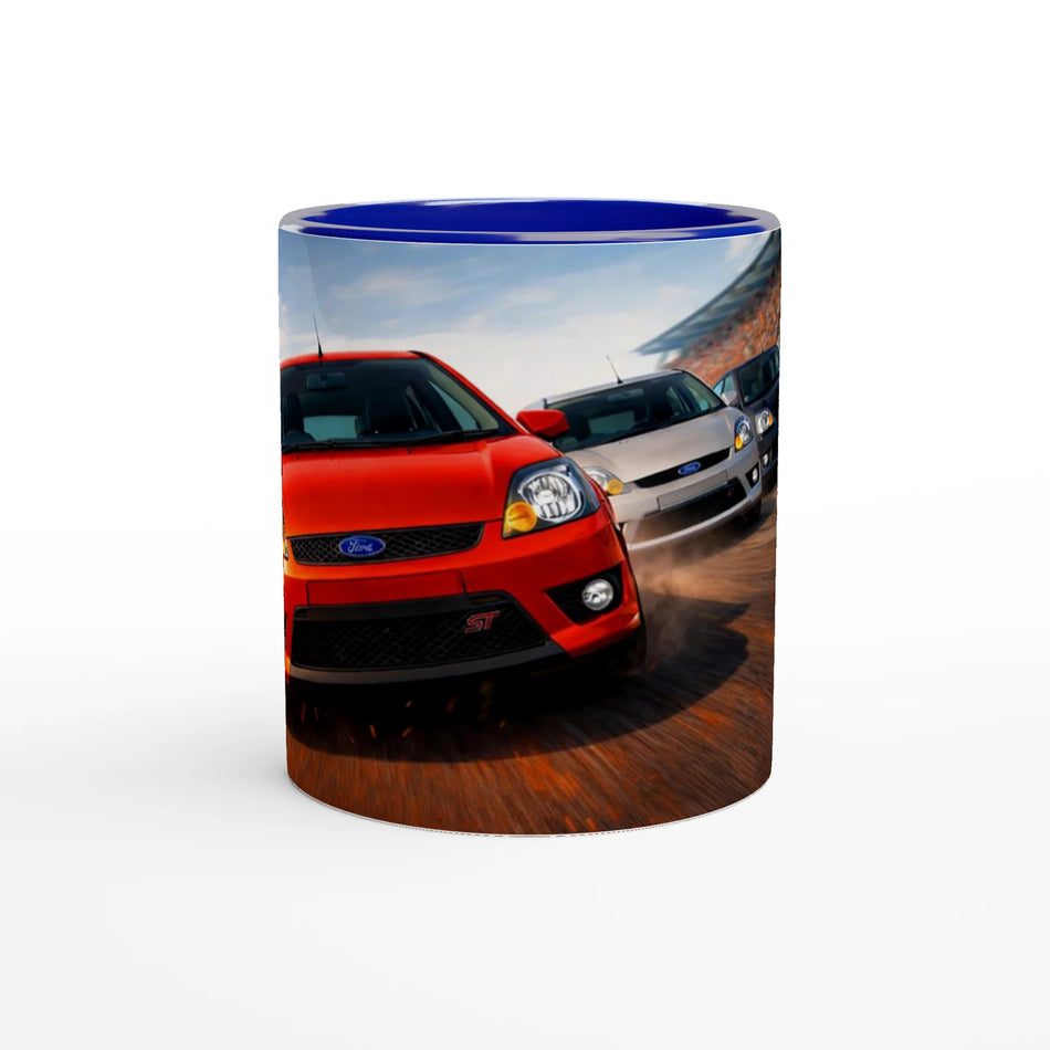 Retro Fast Fords ST150 Race Mug with Blue Handle and Inside