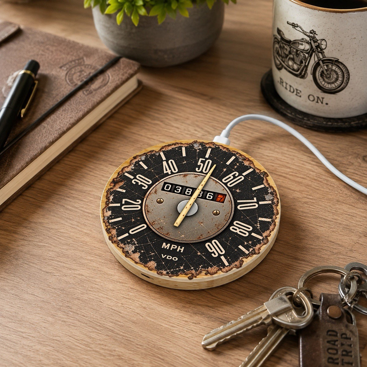 VW T2 Camper 15W Bamboo Wireless Charger Speedometer Desk Gift
