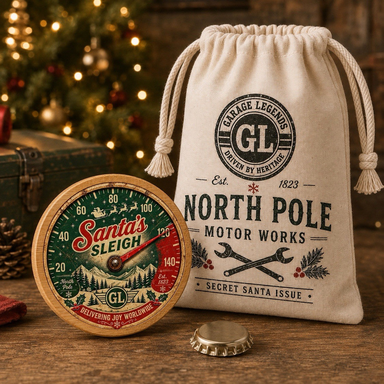 Santa’s Sleigh Speedometer Bottle Opener + Mini Santa Sack Secret Santa Gift
