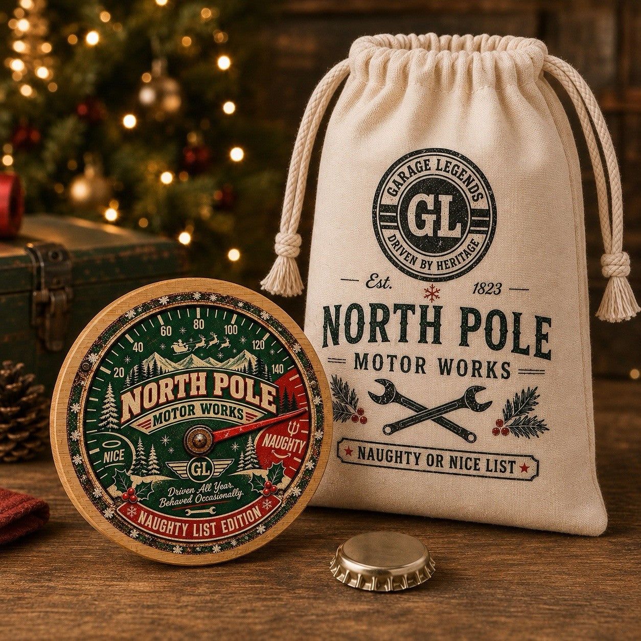 Naughty List Speedometer Bottle Opener + Mini Santa Sack Secret Santa Gift