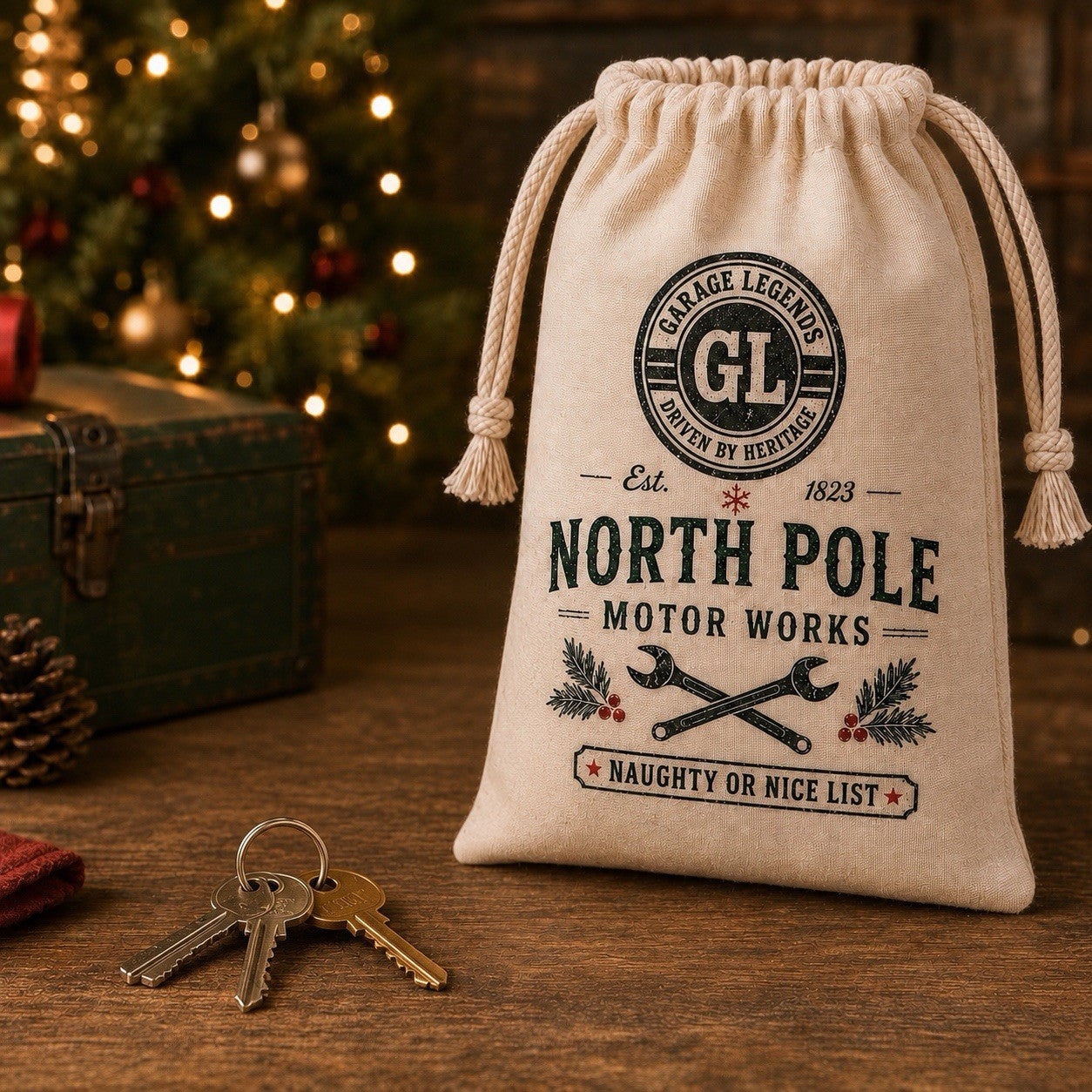 North Pole Motor Works Mini Santa Sack Gift Bag Naughty or Nice 10x15cm