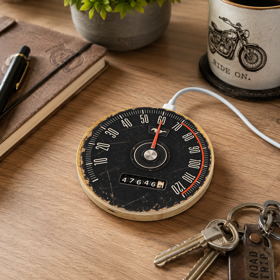 1970 Ford Mustang 15W Bamboo Wireless Charger & Gift Bag Speedometer Gift