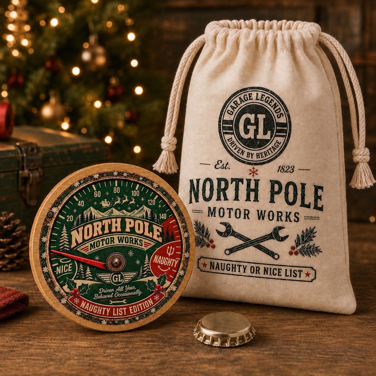 Nice List Speedometer Bottle Opener + Mini Santa Sack Secret Santa Gift