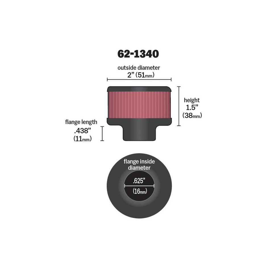 K&N Vent/Breather Air Filter - Clamp-on - 5/8" I.D. Flange - 2" O.D - 1-1/2"H -  16mm
