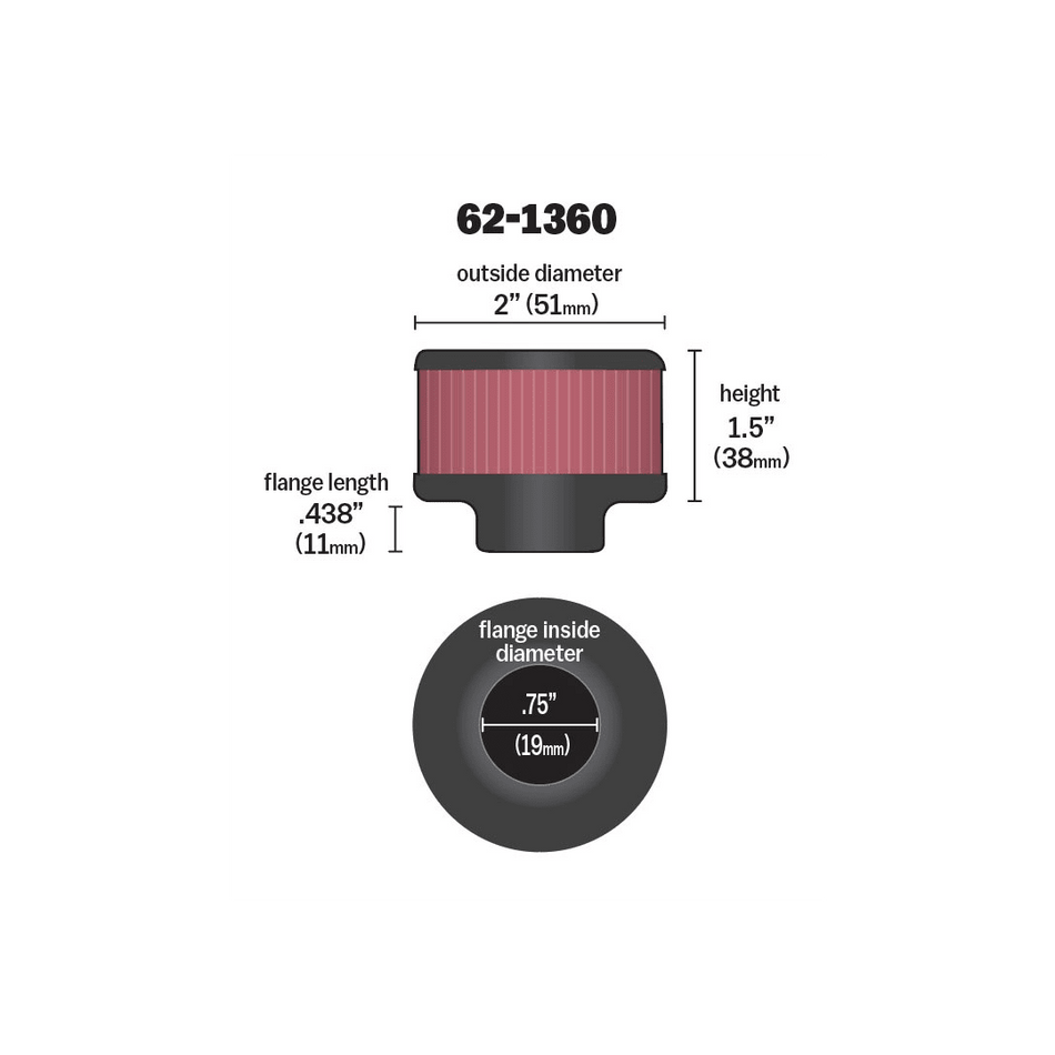 K&N Vent/Breather Air Filter - Clamp-on - 3/4" I.D. Flange - 2" O.D - 1-1/2"H - 19mm
