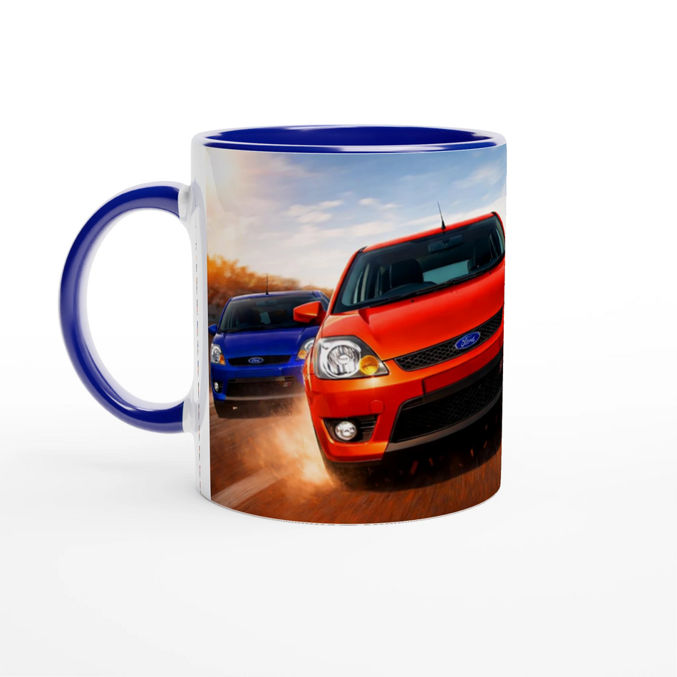 Retro Fast Fords ST150 Race Mug with Blue Handle and Inside