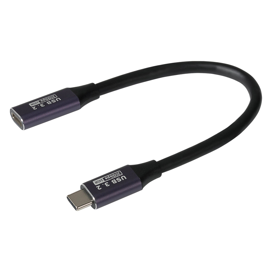 Maplin USB-C Male to USB-C Female Extension Cable - Black, 0.2m